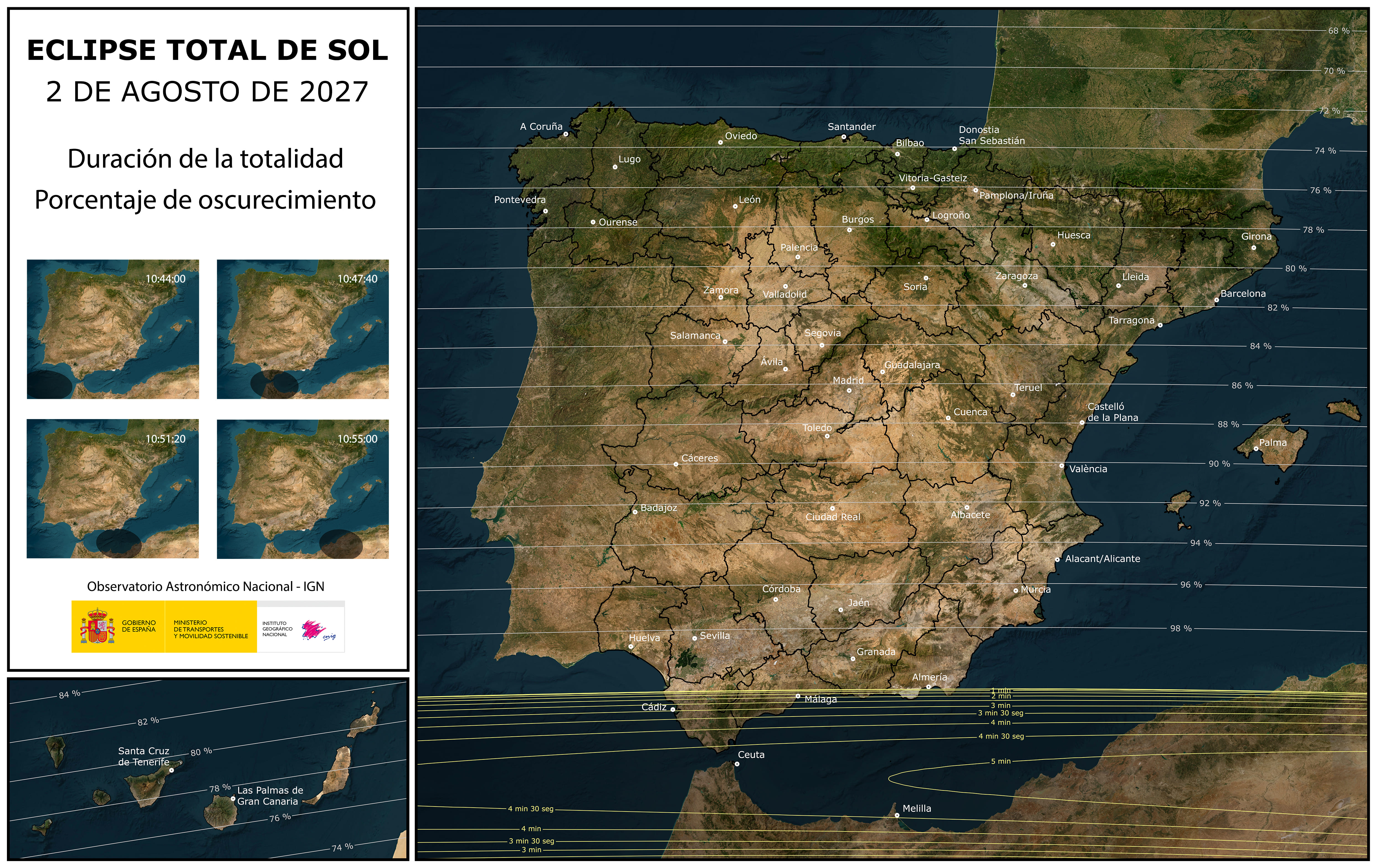 Mapa de la franja de totalidad del eclipse solar del 2 de agosto de 2027 en España