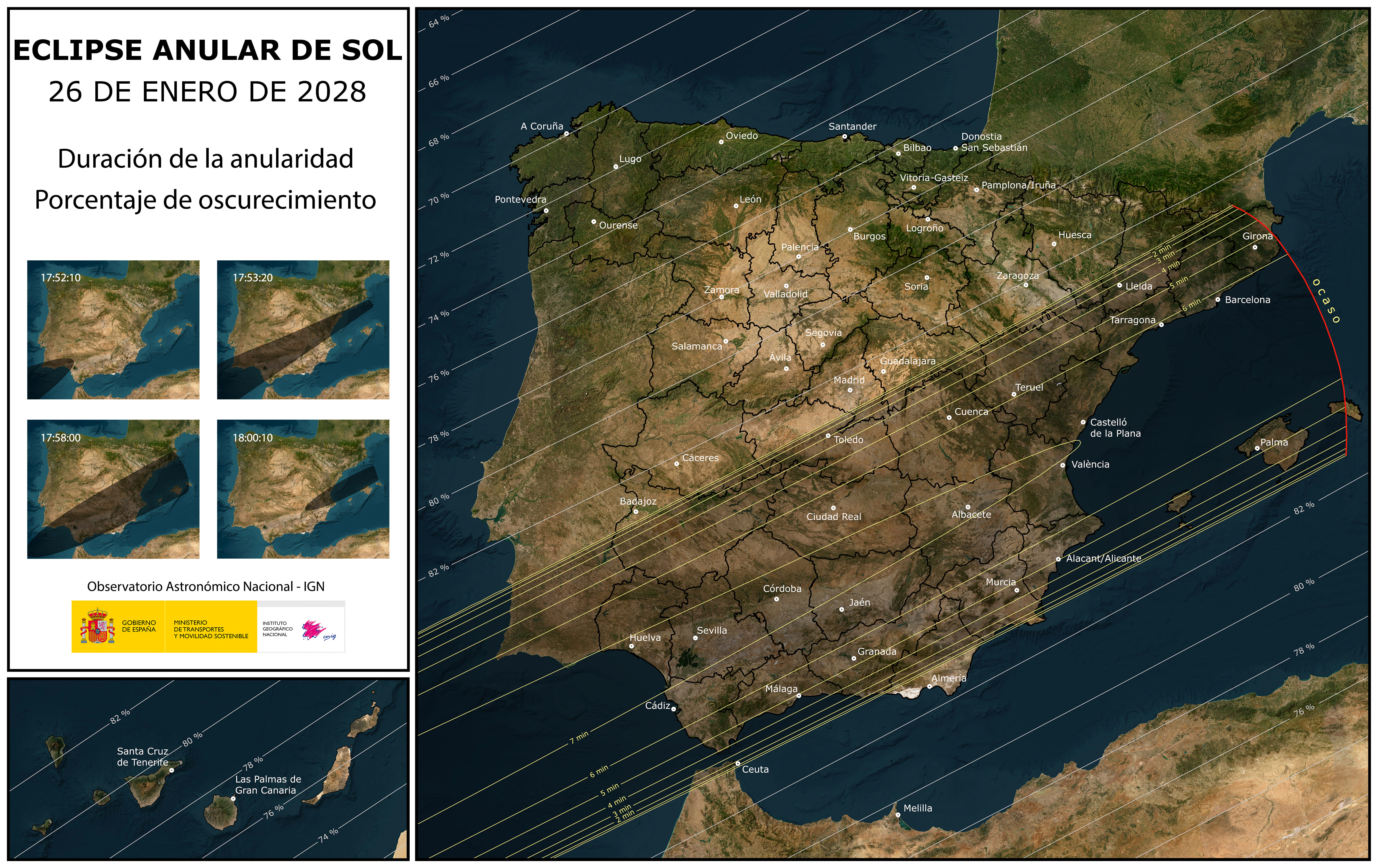 Mapa de la franja de anularidad del eclipse solar del 26 de enero de 2028